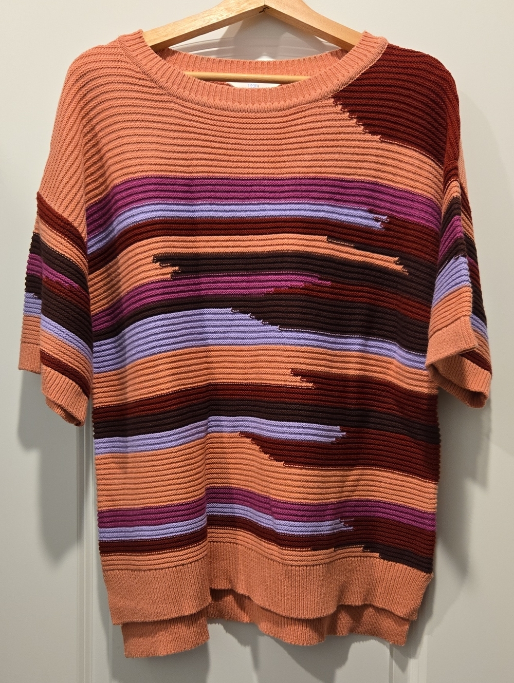 Time and Tru Striped Peach, Purple & Brown Short Sleeve Sweater
